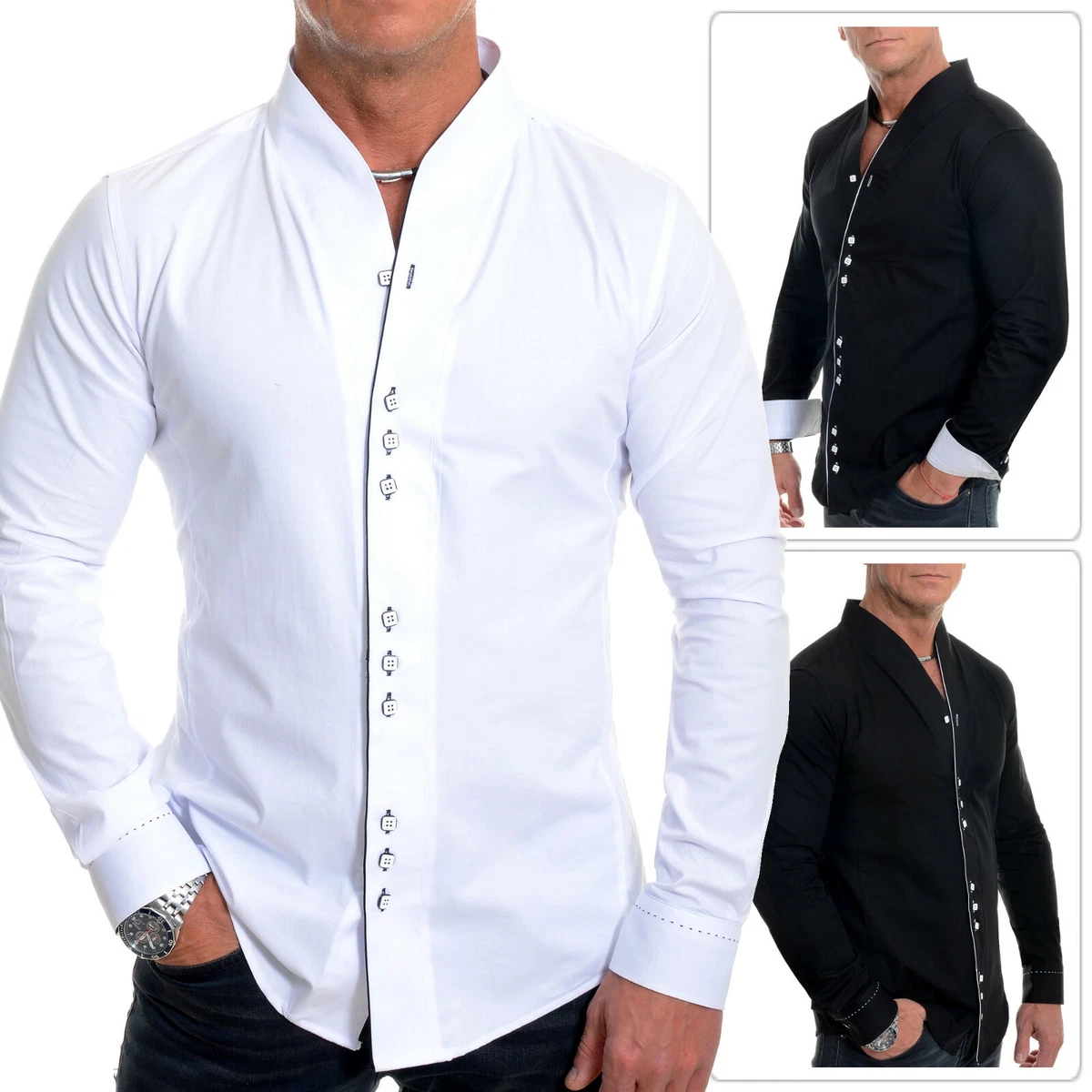 Camisa vestir de manga larga para hombre con contraste tuberías sin cuello informal formal calce ajustado | eBay