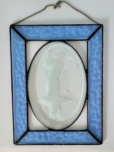 Golf Blue 8x6" Stained Glass Cabinet Co Acme MI Window Sun Catcher Golfer - Picture 3 of 5