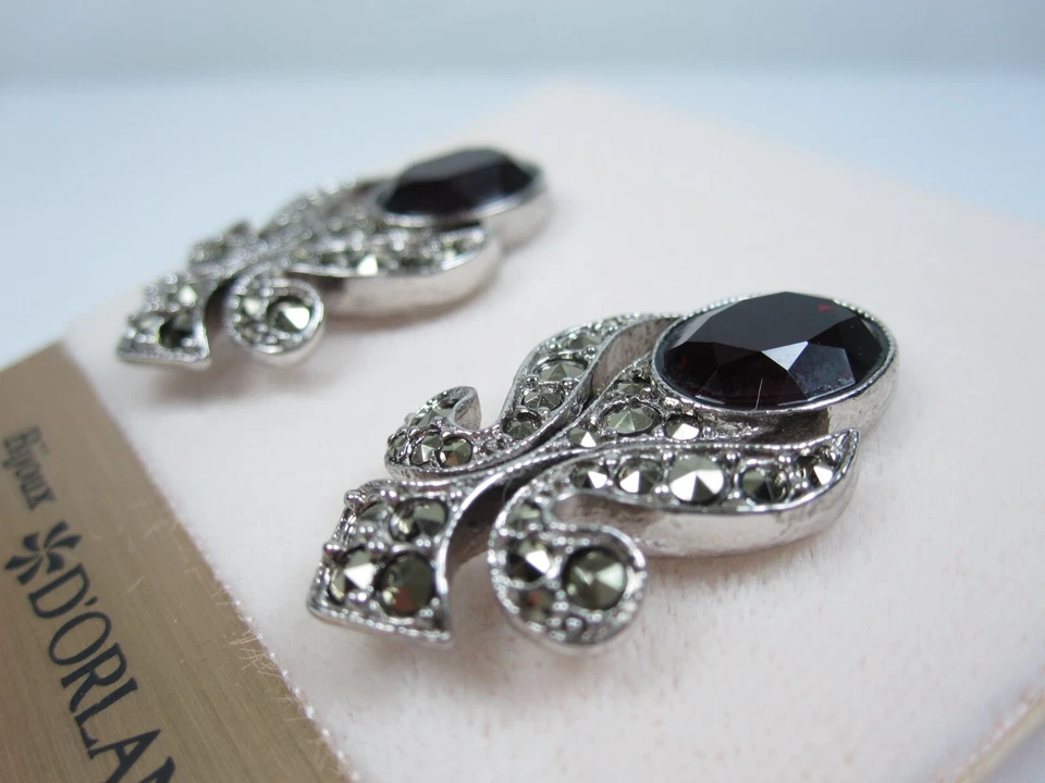 D'Orlan Rhodium Plated Pierced Earrings with Marcasite Crystals - 5231 - Image 2 of 2