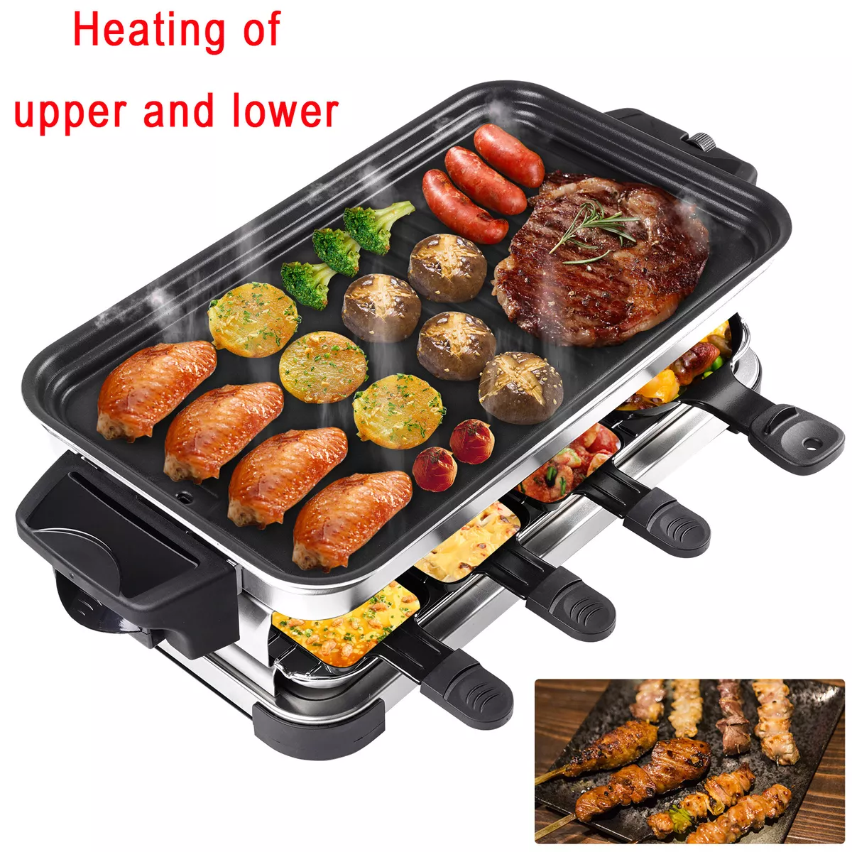 2-8 People Electric BBQ Grill Table Top Griddle Non-stick Raclette with 4  Pans