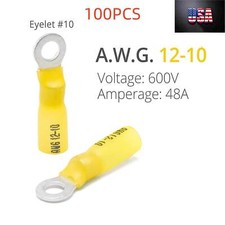 100PCS 10 Yellow 10-12AWG Heat Shrink Wire Connectors Ring Terminals Marine