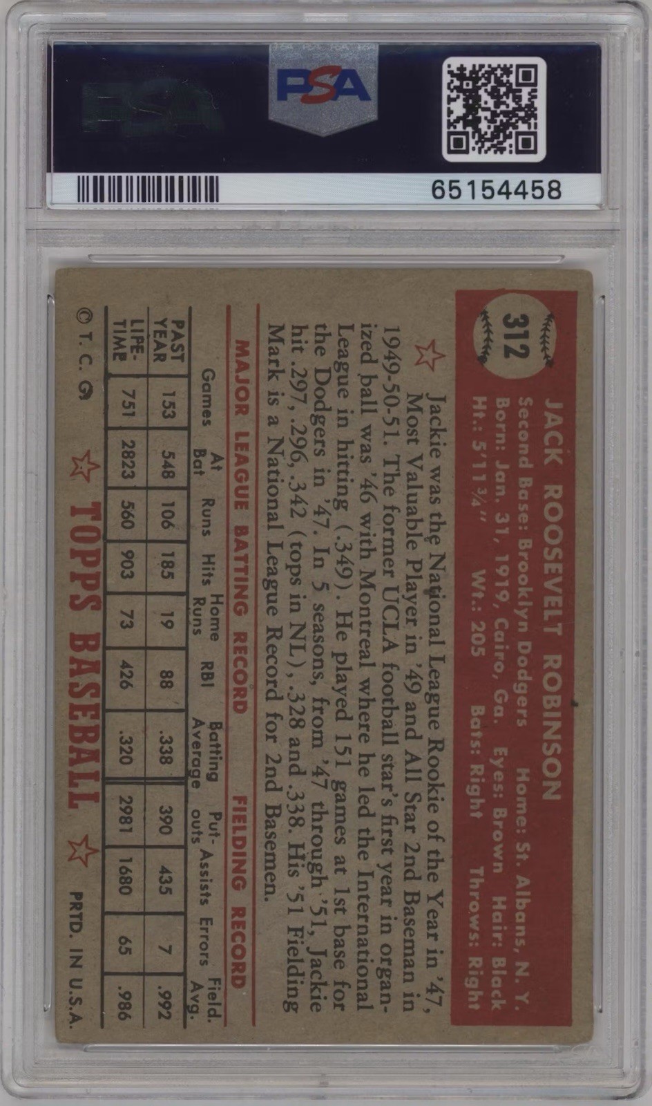 1952 Topps Jackie Robinson #312 PSA 2.5 GOOD+ view 2