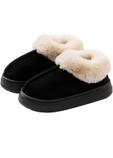 Women's Black Beige Faux Fur Slip-On Cushioned Slippers Size 8