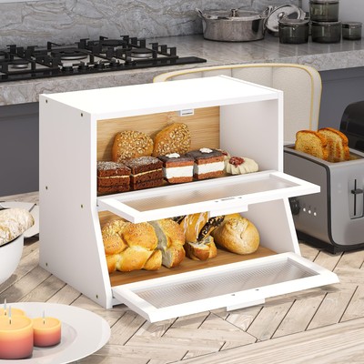 Large Bread Box Double Layer Bamboo Bread Box for Kitchen Counter Container F