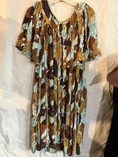 Go Softly Aqua/brown Leaves Crinkle Rayon Short Sleeve Button Up Patio Dress SzL