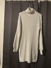 White Knit Turtleneck Long Sleeve Knee Length Pullover Sweater Dress