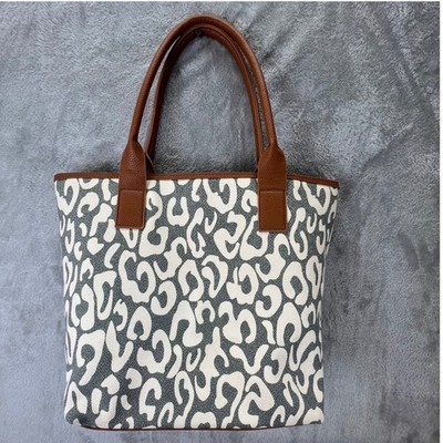 Gray and White Leopard Print Canvas Tote Bag Chic Work Bag Safari Print Modern