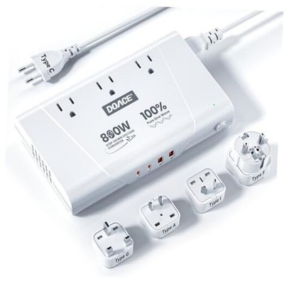 800W Pure Sine Wave Voltage Converter US to Europe - 220V to 110V White