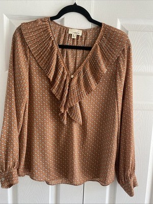 The Korner Ruffle V-Neck Blouse Womens Small Brown Floral Pleated Long Sleeve