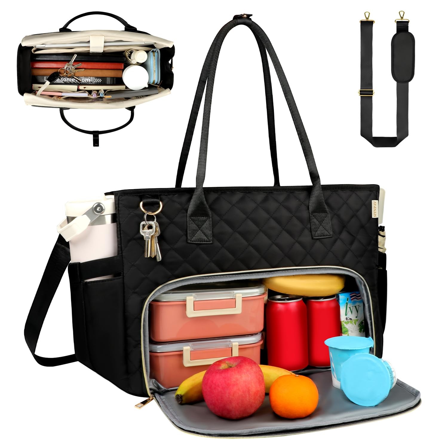 Lunch Tote Bag with 15.6 Inch Laptop Compartment& Water Bottle Pocket, Quilte...