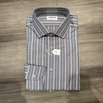 Lorenzini Italy Grey Red Pinstripe Cotton Long Sleeve Dress Shirt 15.5 39 NEW