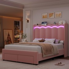 Upholstered Full Size LED Bed Frame with Charging Station and 2 Storage Drawers
