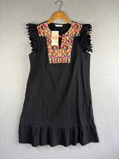 Kirundo Dress Womens Medium Black Embroidered Boho Cottage Flutter Pom Pom NWT