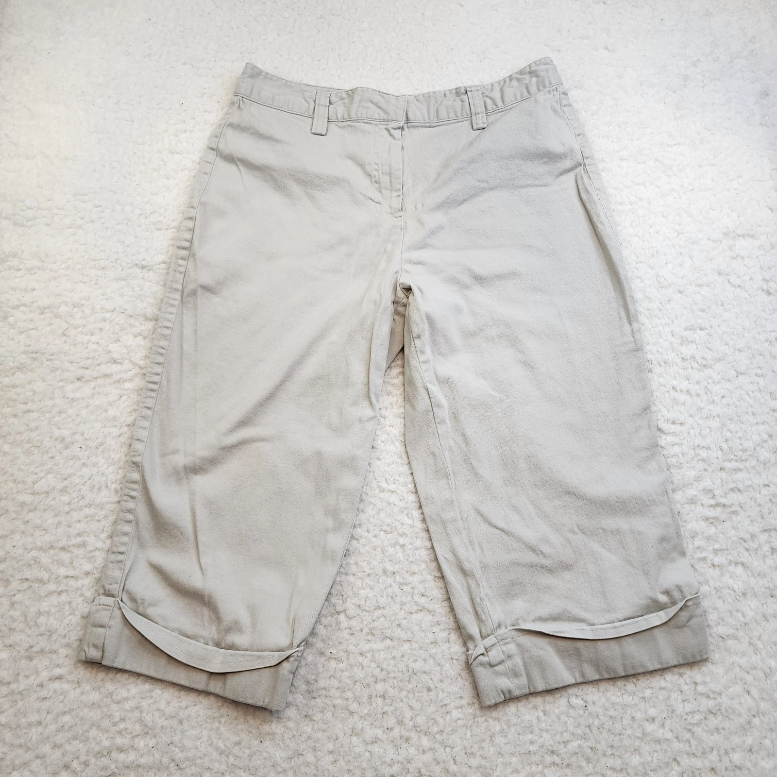 Dressbarn Cropped Cuffed Capri Pants 12 Beige Khaki Cotton Stretch Casual