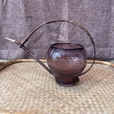 Hand Blown Amici Purple Seed Glass & Copper Watering Can, Raffia Wrapped Handle