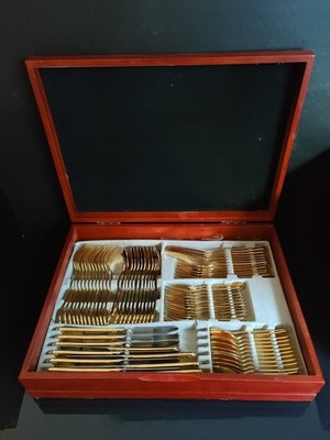 Besteckset SBS Solingen Wien 72 Teile Vergoldet 23/24 Karat Holzschatulle