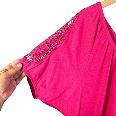 Faded Glory Womens Top 1X Hot Pink Crochet Sleeve Solid Boho Blouse Shirt
