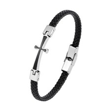 Men PU Leather Braided Bangle Bracelet Stainless Steel Cross Foldover Clasp Cuff