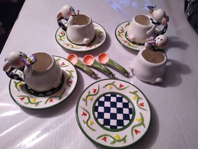 Mercuries Easter Bunny Garden Party Cup/Saucer Set For 4