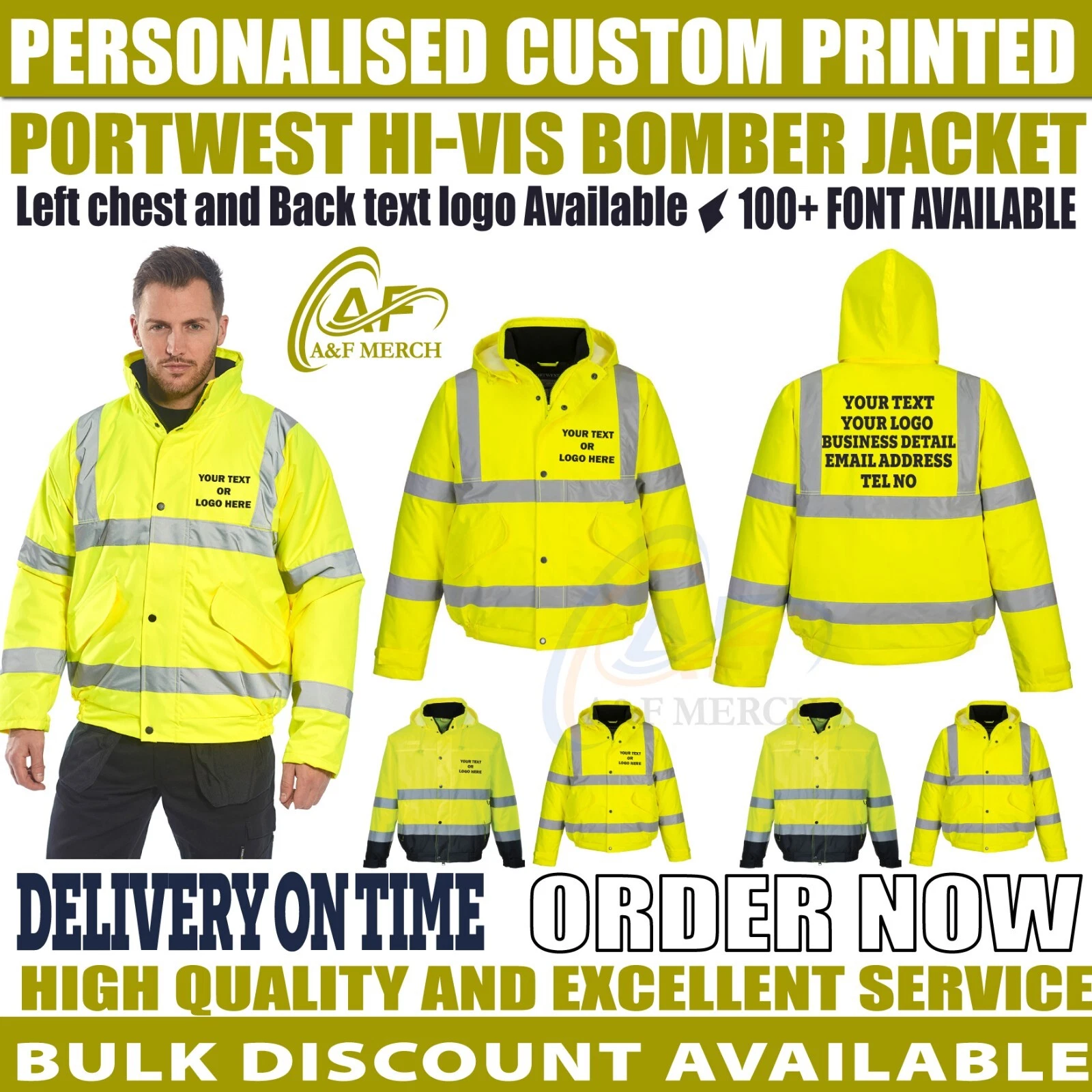 PERSONALISED PRINTED PORTWEST HI Vis Bomber Jacket Waterproof Safety COAT PW001