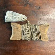 Vintage Primitive Fishing Hand Line Winder And Lead Weight Ice Fishing Rig
