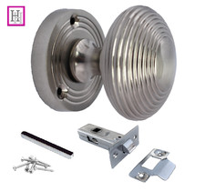 DOOR KNOBS SET Satin MORTICE REEDED Handle Silver Sprung Round Internal