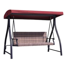 Aoodor 3-Seat Outdoor Porch Swing PE Wicker Patio Garden Swing with Canopy Red