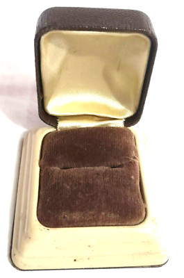 VTG Presentation Ring Box Hinge Lid Leather Covered Metal Velvet Satin Interior