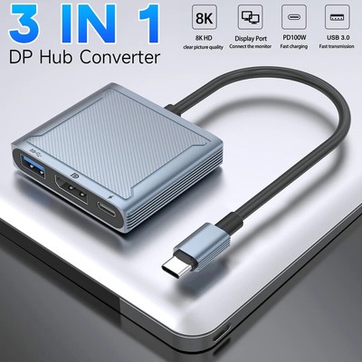 3 in 1 DP Hub 8K@60Hz 4K@144Hz USB Type C to DisplayPort 1.4 Docking Station