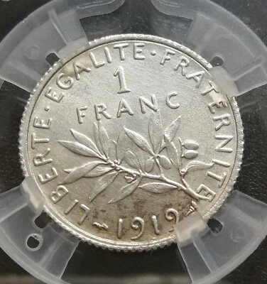 SLAB FRANCE MONNAIE 1 franc Semeuse Roty 1919 ARGENT sous COQUE GENI UNC Fautée - Photo 1/6