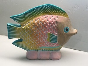Solid Wood Colorful Hand Carved Tropical Fish Statue Figurine Décor Aqua Pink 