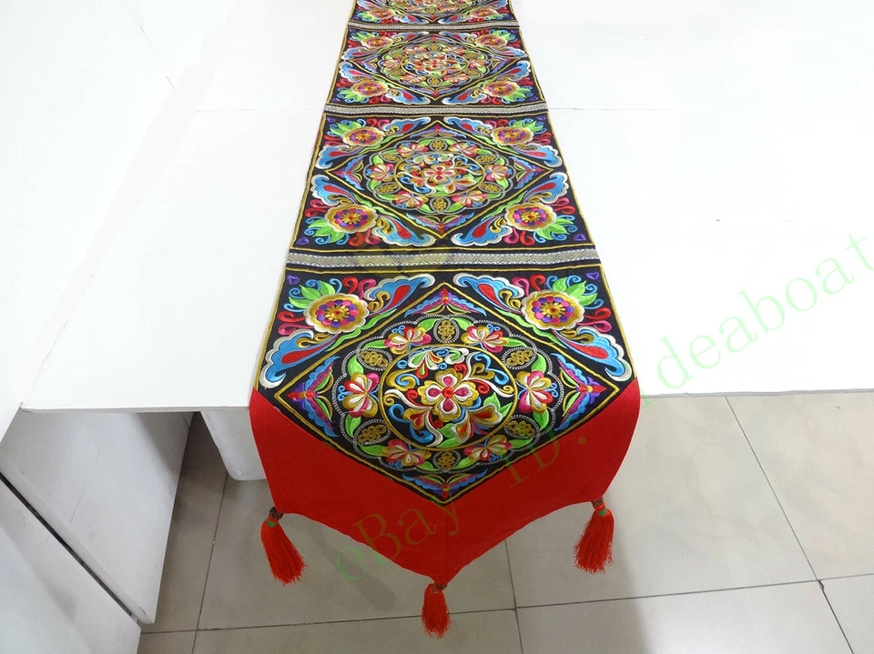 13.7x80" Chinese Hmong Auspicious Floral Blossom Embroidery pattern Table Runner - Image 4 of 4