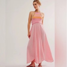 Free People Surfs Up Maxi Dress Womens Large Flamingo Pink Halter Open Back NWT