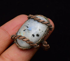 Rainbow Moonstone Gemstone Copper Wire Wrapped Handmade Jewelry Ring Size 9