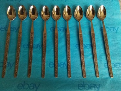 Eldan ELD11 Stainless Flatware 9 Iced Teaspoons, Japan, Floral, Textured, 8''