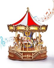 ROBOTIME 3D Wooden Puzzle Classic Carousel Music Box With LED Lights, Model Kits