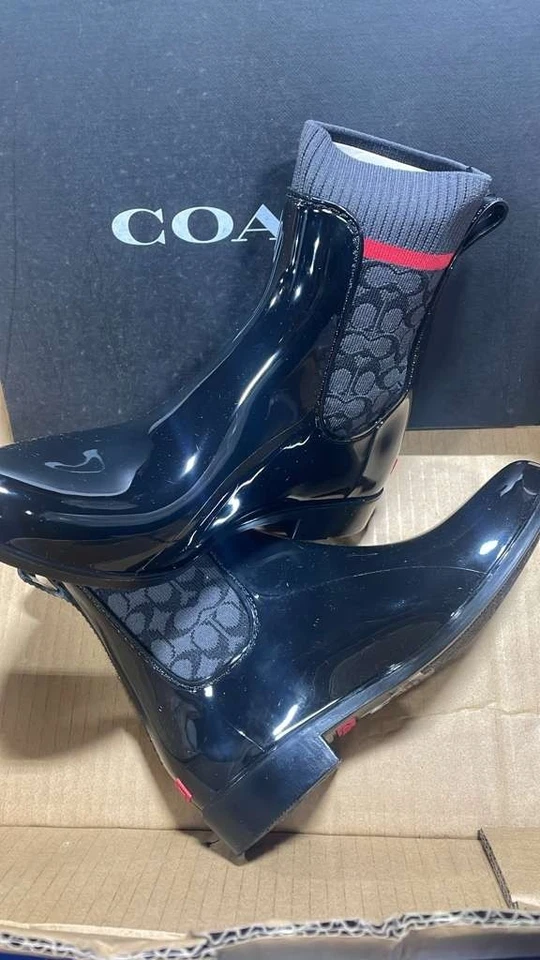 Botas Chelsea COACH Rain Bootie para mujer G5255 negras de goma para clima húmedo talla 6B Foto 3 de 4