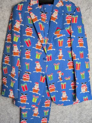OppoSuits 2-Piece Lined Christmas Giftmas Eve Suit+Hanky Blue Santa Presents 36