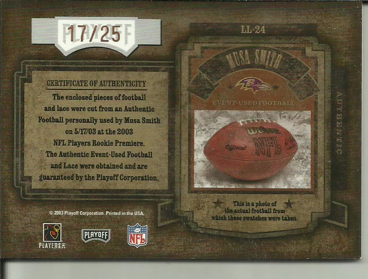 2003 Playoff Hogg Heaven Hogg Wild #214 Musa Smith JSY #17/25 - Image 2 of 2