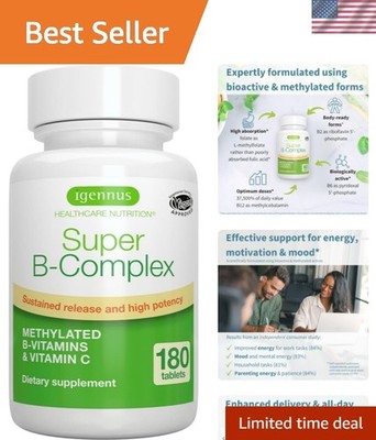 Igennus Super B-Complex: Methylated B Vitamins for Energy & Mood - 180 Tablets
