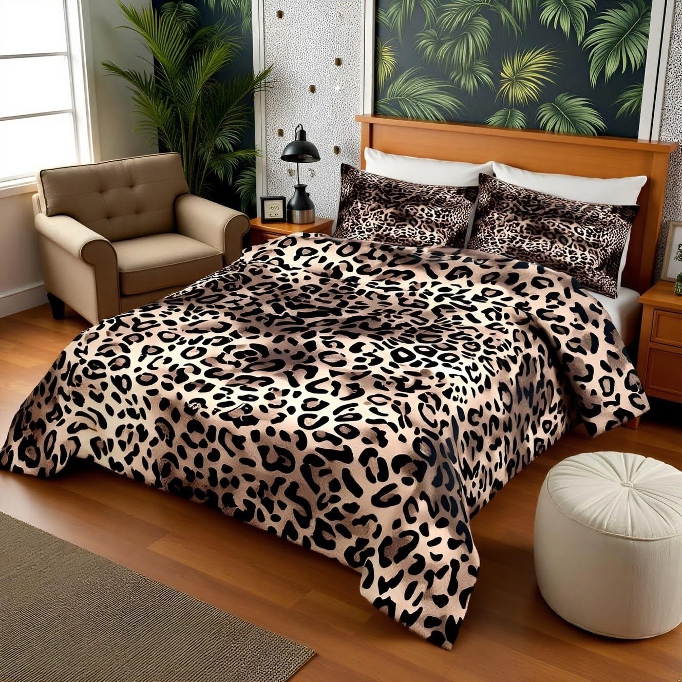 Leopard Print Comforter Set King Size,Black Brown Bedding Set 3pcs for Kids G...