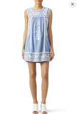 Joie Blue/White 💯 Cotton Mini Dress Sleeveless Round Neck Embroidered  L