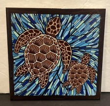 DECORATIVE Ceramic Wall Plaque Square Tile TURTLE Mother Baby Brown Blue Green