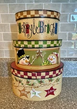 Set Of 3 Decorative Christmas Nesting Boxes Primitive Folk Art Style 8” 7” 6”