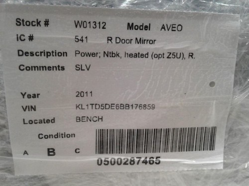 Passenger Side View Mirror Power Ntbk Heated Opt Z5U Fits 07-11 AVEO 1055256 - Picture 5 of 12