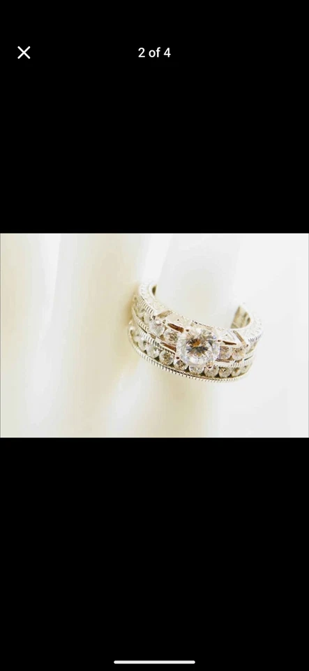 Anillo de filigrana de diamantes sim juego de 2 bandas enchapado en rodio Foto 2 de 4