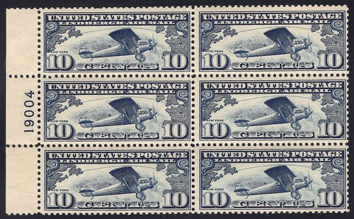 C10 VF MNH OG 10c Cent LINDBERGH IN FLIGHT AIRMAIL LEFT PB of 6 (REM #C10pb-4) - Picture 2 of 2
