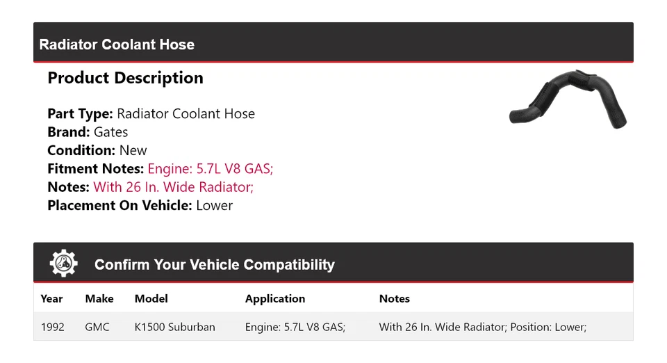 Manguera de refrigerante de radiador de gas V8 5,7 L Suburban 1992 GMC K1500 puertas inferiores Foto 2 de 4