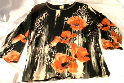 Floral T Shirt Orange Flowers 3/4 sleeve 100% cotton Women LARGE Jess & Jane