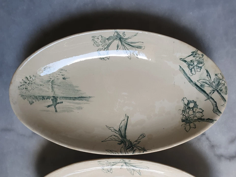 Faïence Creil Montereau Terre de Fer XIX è Sauciere + 2 Raviers Service Cerisier - Photo 4/4